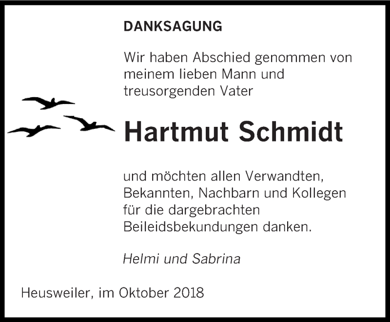  Traueranzeige für Hartmut Schmidt vom 27.10.2018 aus saarbruecker_zeitung