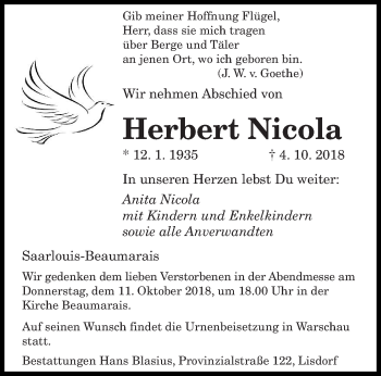 Traueranzeige von Herbert Nicola von saarbruecker_zeitung