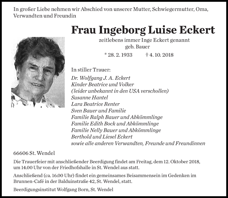  Traueranzeige für Ingeborg Luise Eckert vom 10.10.2018 aus saarbruecker_zeitung