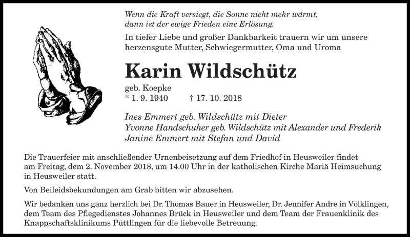  Traueranzeige für Karin Wildschütz vom 27.10.2018 aus saarbruecker_zeitung