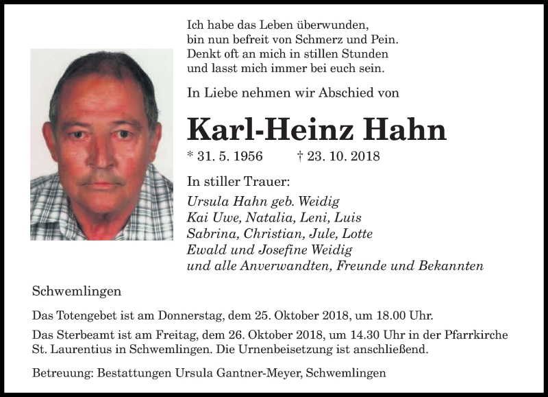  Traueranzeige für Karl-Heinz Hahn vom 24.10.2018 aus saarbruecker_zeitung