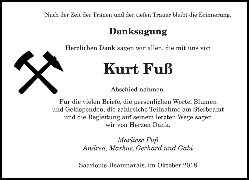  Traueranzeige für Kurt Fuß vom 06.10.2018 aus saarbruecker_zeitung