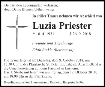 Traueranzeige von Luzia Priester von saarbruecker_zeitung