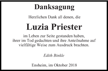 Traueranzeige von Luzia Priester von saarbruecker_zeitung