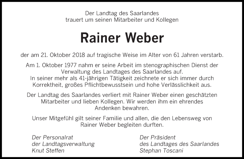  Traueranzeige für Rainer Weber vom 27.10.2018 aus saarbruecker_zeitung