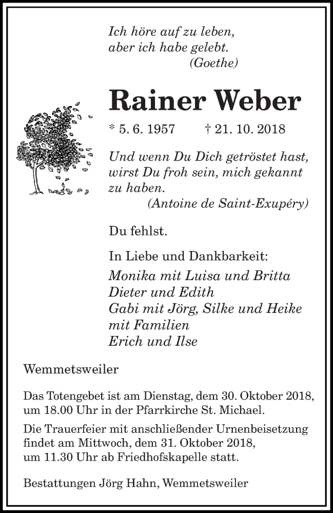  Traueranzeige für Rainer Weber vom 27.10.2018 aus saarbruecker_zeitung