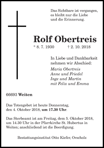 Traueranzeige von Rolf Obertreis von saarbruecker_zeitung