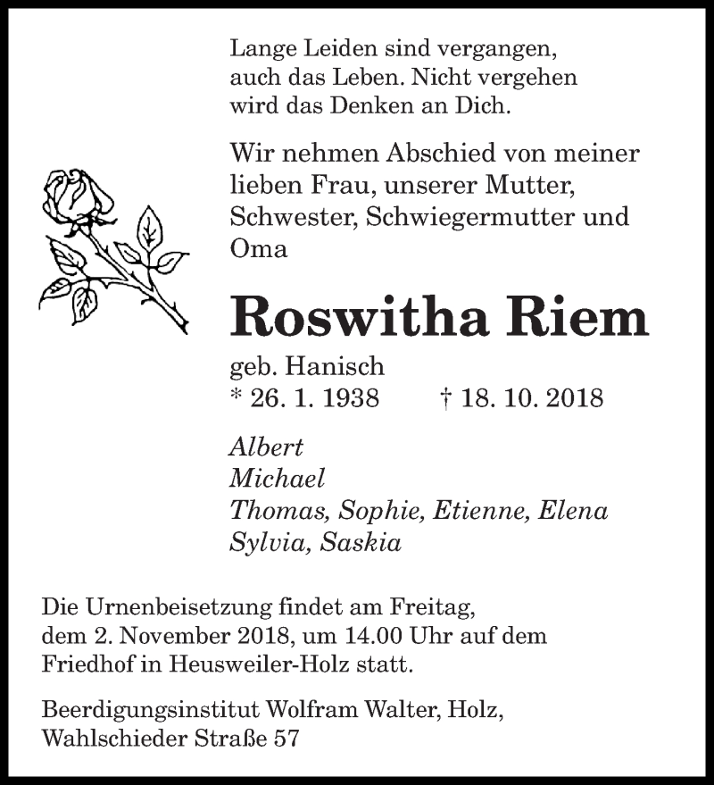  Traueranzeige für Roswitha Riem vom 27.10.2018 aus saarbruecker_zeitung