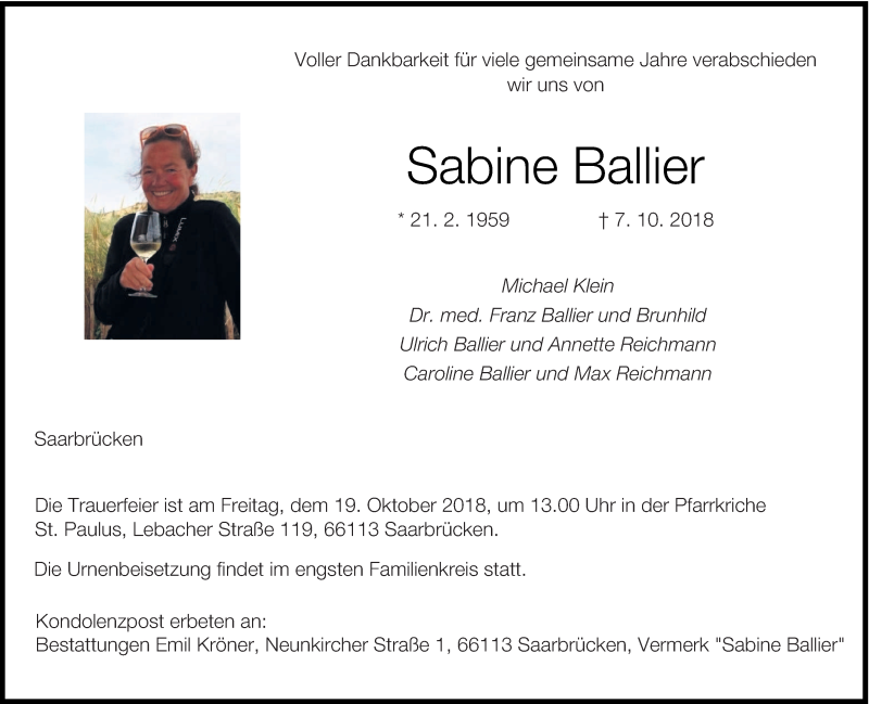  Traueranzeige für Sabine Ballier vom 13.10.2018 aus saarbruecker_zeitung