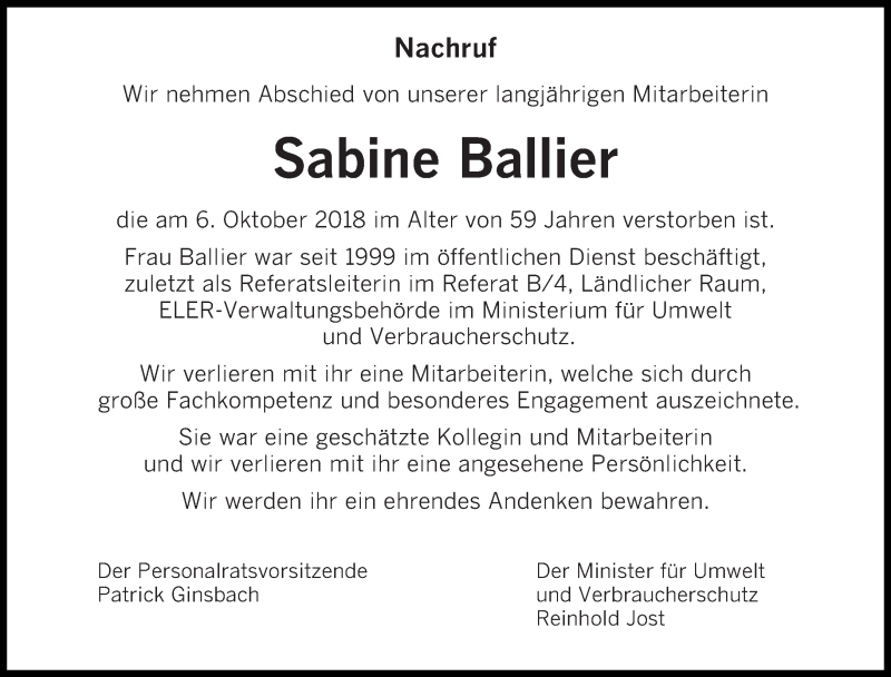  Traueranzeige für Sabine Ballier vom 13.10.2018 aus saarbruecker_zeitung