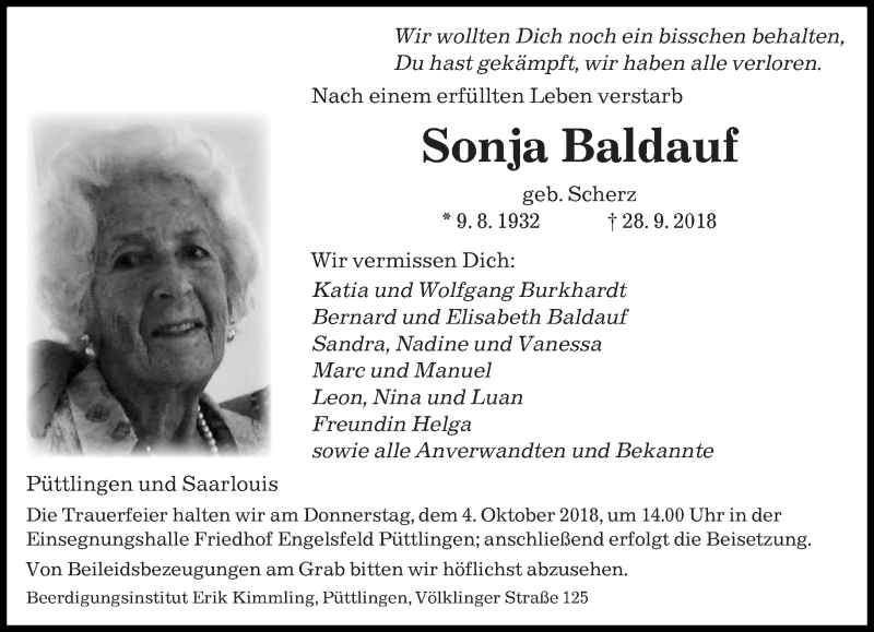  Traueranzeige für Sonja Baldauf vom 02.10.2018 aus saarbruecker_zeitung