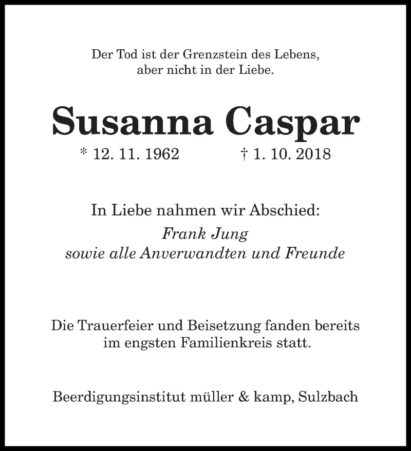  Traueranzeige für Susanna Caspar vom 20.10.2018 aus saarbruecker_zeitung