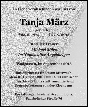 Traueranzeige von Tanja März von saarbruecker_zeitung