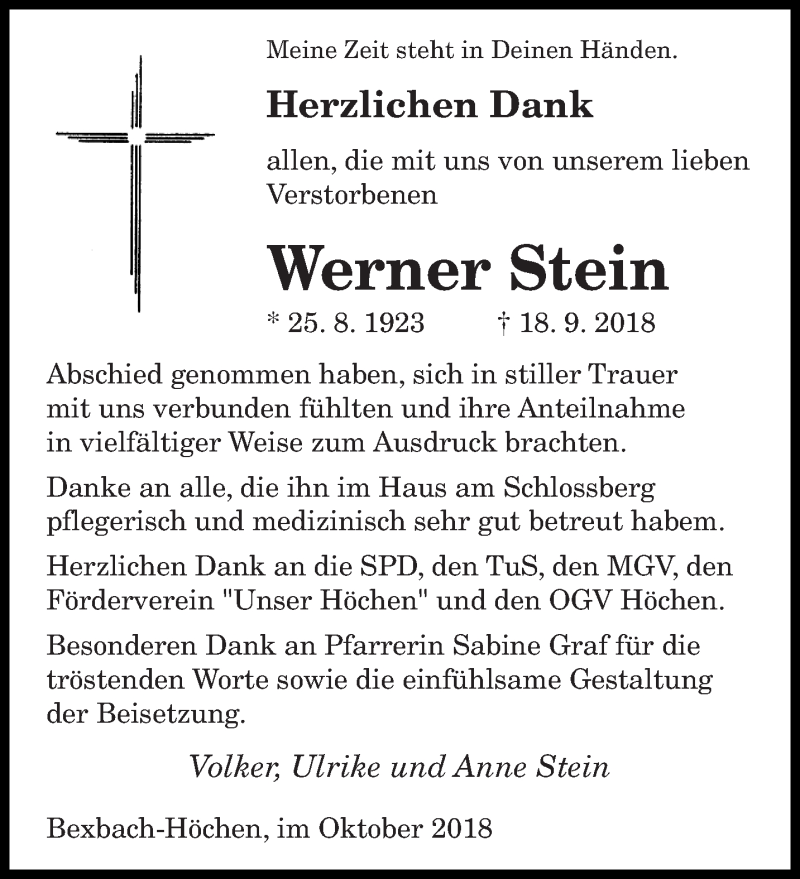  Traueranzeige für Werner Stein vom 13.10.2018 aus saarbruecker_zeitung