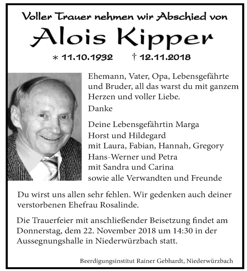  Traueranzeige für Alois Kipper vom 19.11.2018 aus saarbruecker_zeitung