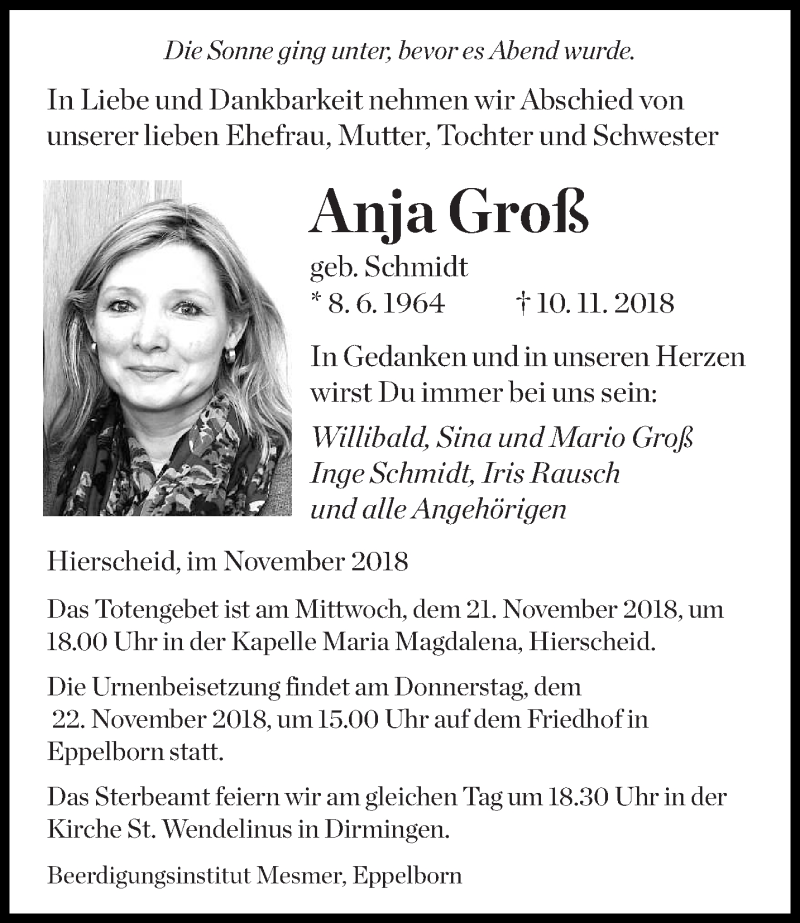  Traueranzeige für Anja Groß vom 16.11.2018 aus saarbruecker_zeitung