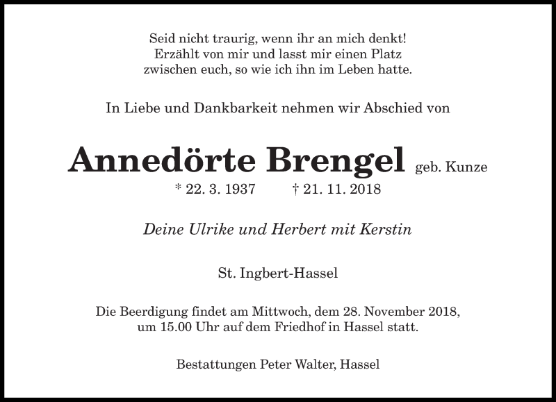  Traueranzeige für Annedörte Brengel vom 24.11.2018 aus saarbruecker_zeitung