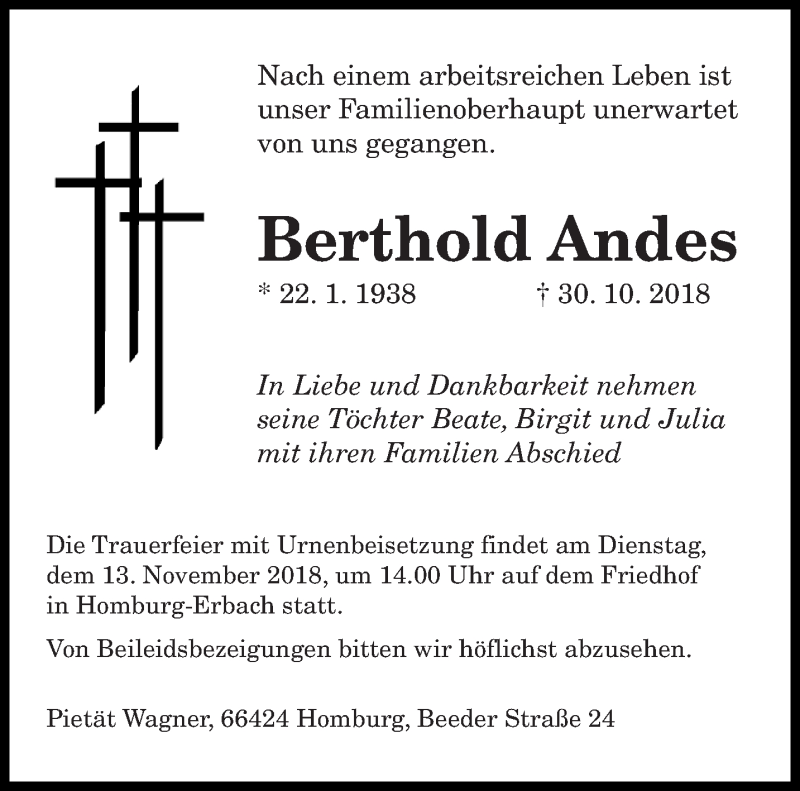  Traueranzeige für Berthold Andes vom 08.11.2018 aus saarbruecker_zeitung