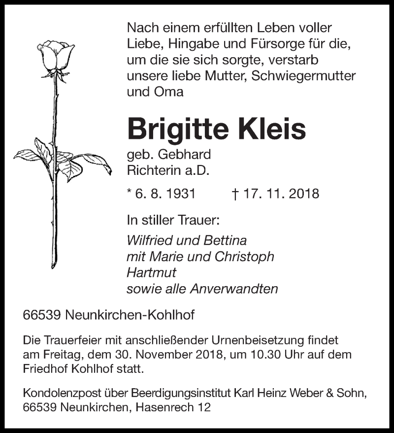  Traueranzeige für Brigitte Kleis vom 24.11.2018 aus saarbruecker_zeitung