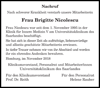 Traueranzeige von Brigitte Nicolescu von saarbruecker_zeitung