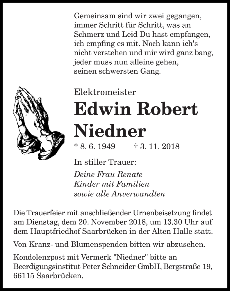  Traueranzeige für Edwin Robert Niedner vom 14.11.2018 aus saarbruecker_zeitung