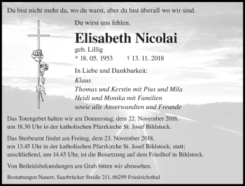 Traueranzeige von Elisabeth Nicolai von saarbruecker_zeitung