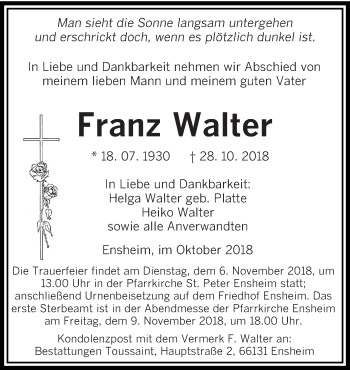 Traueranzeige von Franz Walter von saarbruecker_zeitung