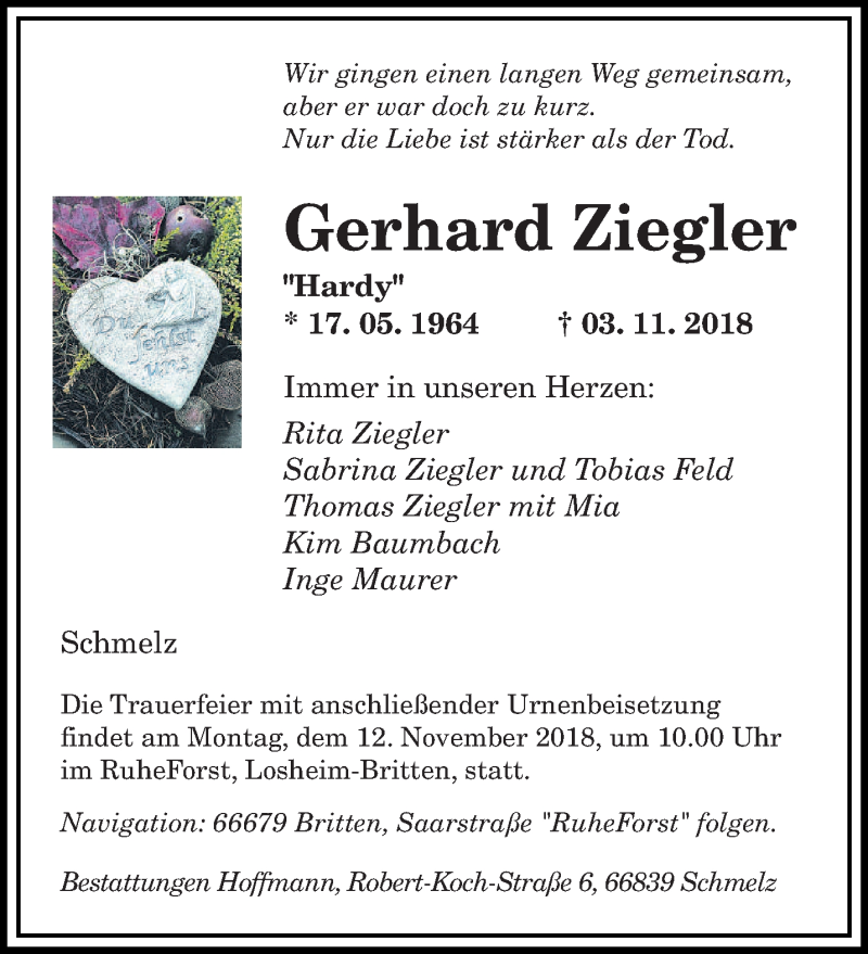  Traueranzeige für Gerhard Ziegler vom 09.11.2018 aus saarbruecker_zeitung