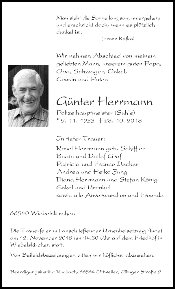  Traueranzeige für Günter Herrmann vom 07.11.2018 aus saarbruecker_zeitung