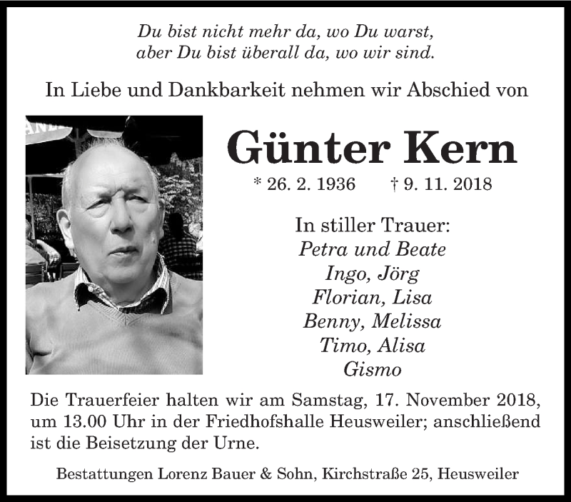 Traueranzeige für Günter Kern vom 13.11.2018 aus saarbruecker_zeitung