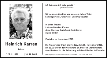 Traueranzeige von Heinrich Karren von saarbruecker_zeitung