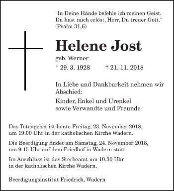 Traueranzeige von Helene Jost von saarbruecker_zeitung