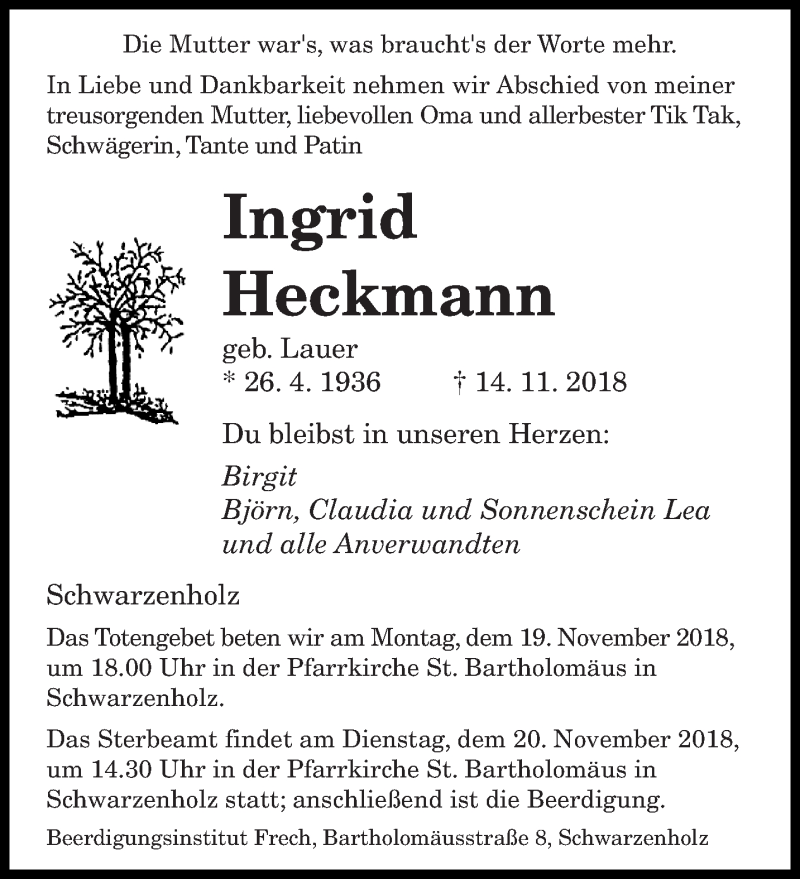  Traueranzeige für Ingrid Heckmann vom 17.11.2018 aus saarbruecker_zeitung