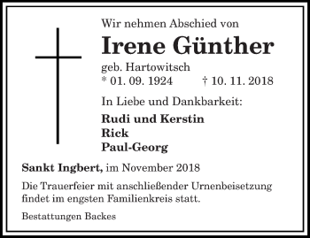 Traueranzeige von Irene Günther von saarbruecker_zeitung