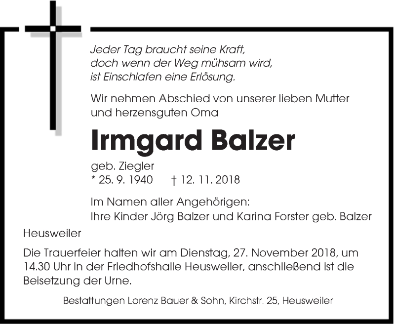  Traueranzeige für Irmgard Balzer vom 23.11.2018 aus saarbruecker_zeitung