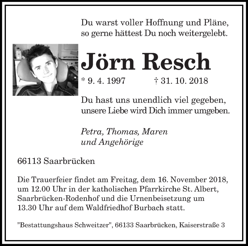  Traueranzeige für Jörn Resch vom 03.11.2018 aus saarbruecker_zeitung