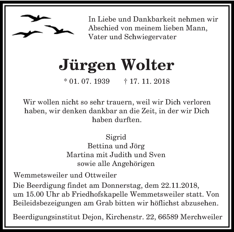  Traueranzeige für Jürgen Wolter vom 20.11.2018 aus saarbruecker_zeitung