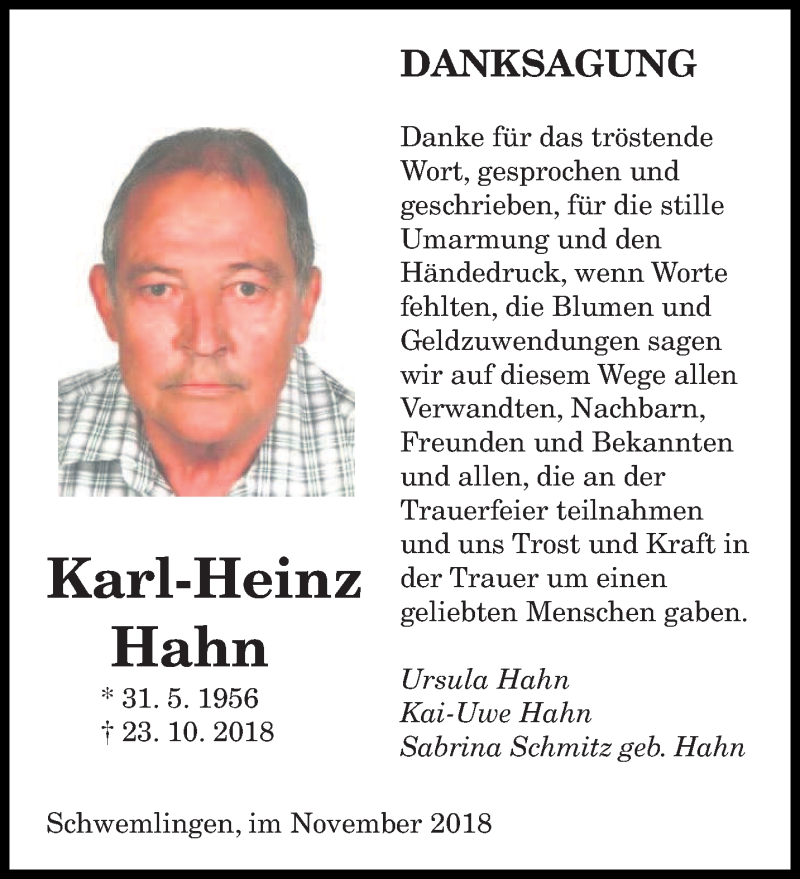  Traueranzeige für Karl-Heinz Hahn vom 16.11.2018 aus saarbruecker_zeitung