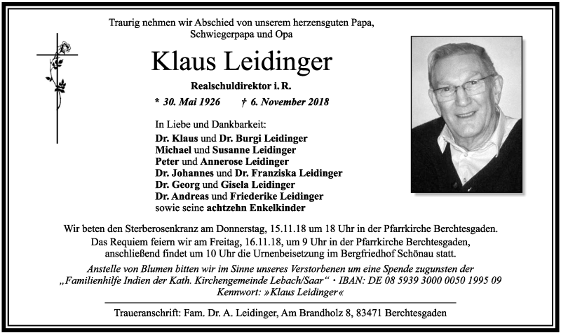  Traueranzeige für Klaus Leidinger vom 14.11.2018 aus saarbruecker_zeitung