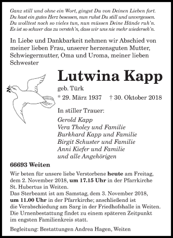 Traueranzeige von Lutwina Kapp von saarbruecker_zeitung