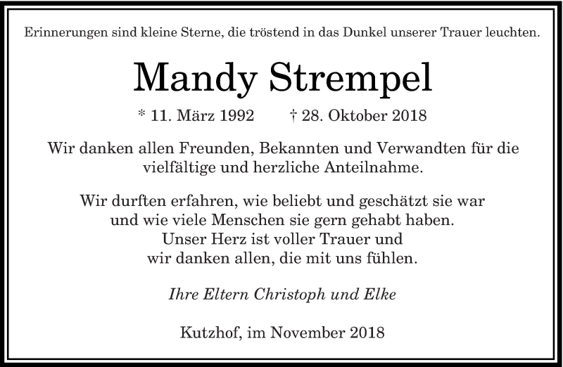  Traueranzeige für Mandy Strempel vom 26.11.2018 aus saarbruecker_zeitung