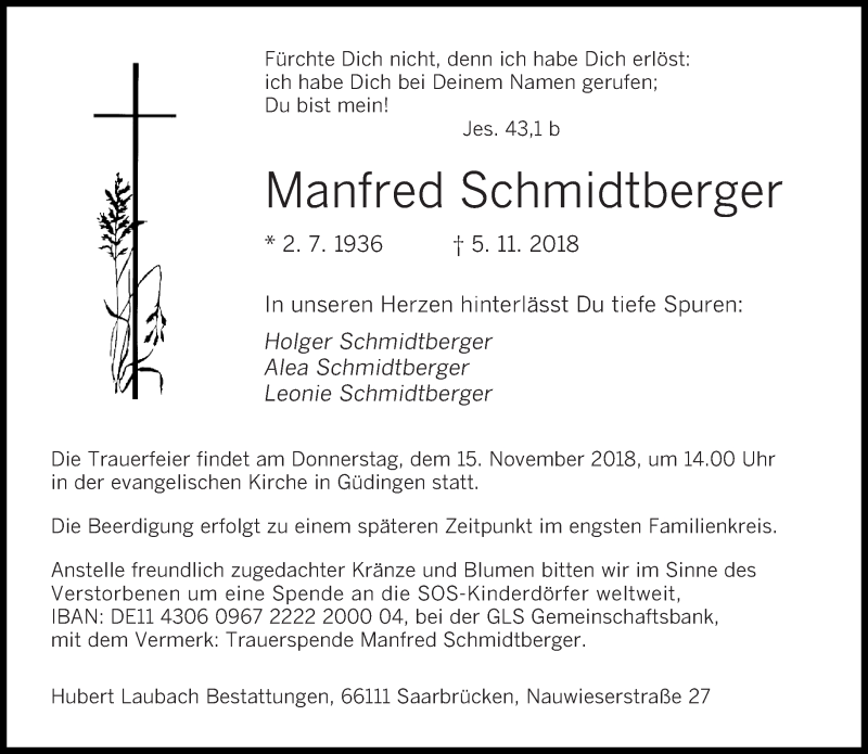  Traueranzeige für Manfred Schmidtberger vom 10.11.2018 aus saarbruecker_zeitung