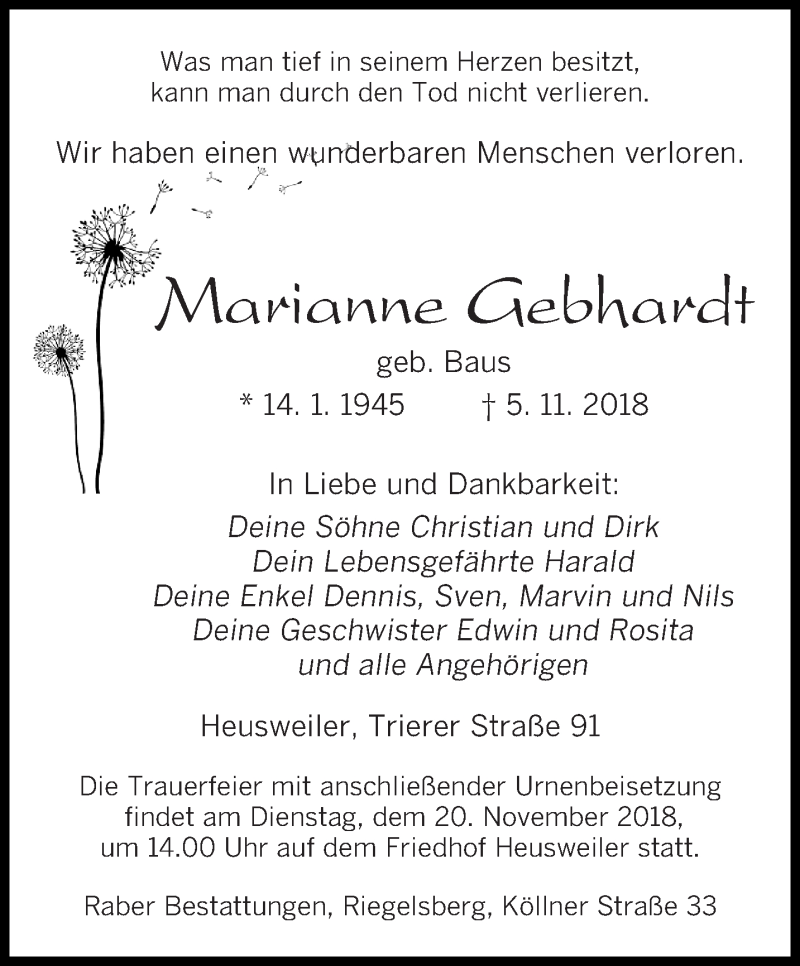  Traueranzeige für Marianne Gebhardt vom 17.11.2018 aus saarbruecker_zeitung