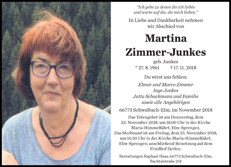  Traueranzeige für Martina Zimmer-Junkes vom 21.11.2018 aus saarbruecker_zeitung