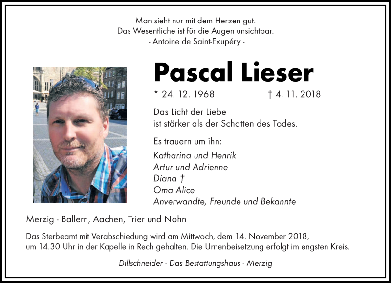  Traueranzeige für Pascal Lieser vom 09.11.2018 aus saarbruecker_zeitung