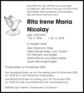 Traueranzeige von Rita Irene Maria Nicolay von saarbruecker_zeitung