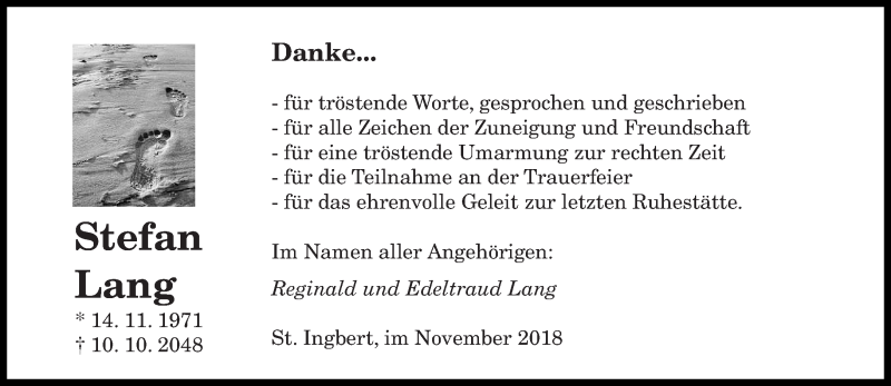  Traueranzeige für Stefan Lang vom 10.11.2018 aus saarbruecker_zeitung