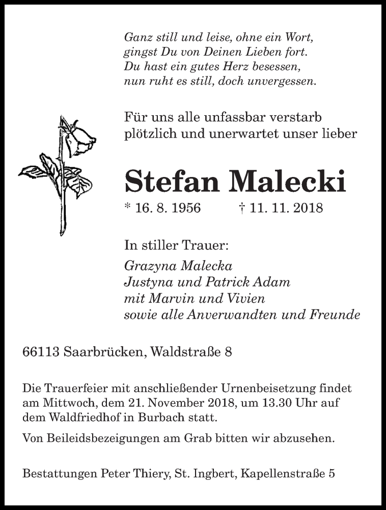  Traueranzeige für Stefan Malecki vom 14.11.2018 aus saarbruecker_zeitung
