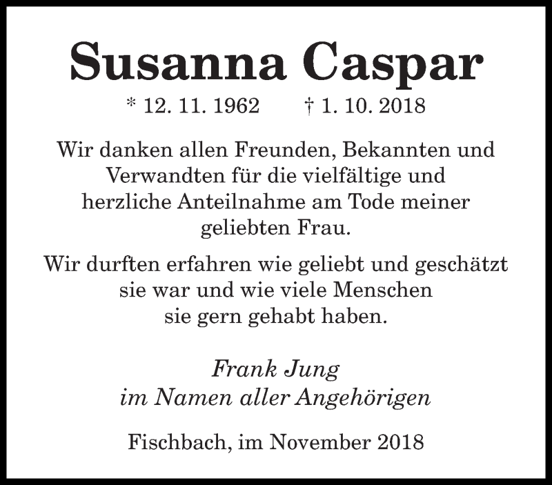  Traueranzeige für Susanna Caspar vom 03.11.2018 aus saarbruecker_zeitung