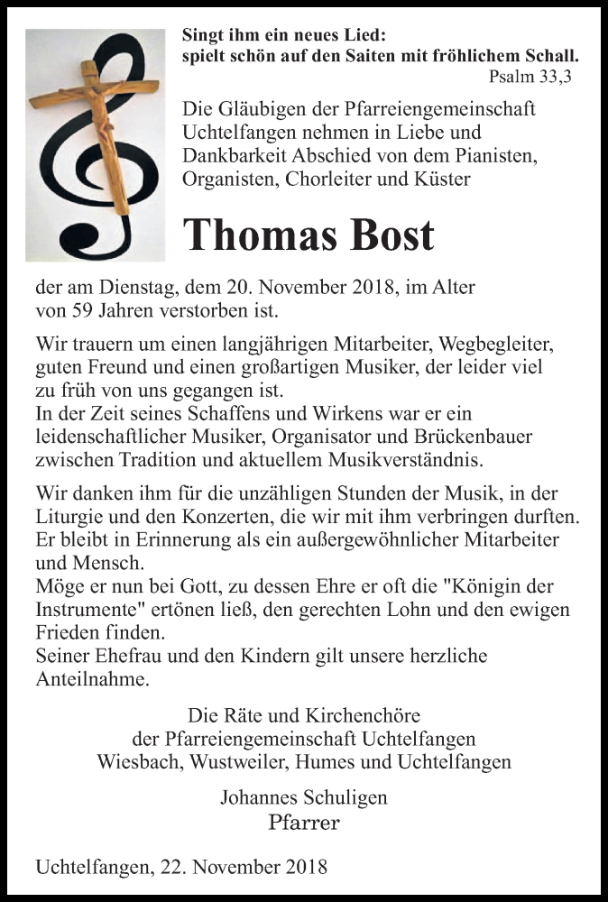  Traueranzeige für Thomas Bost vom 24.11.2018 aus saarbruecker_zeitung